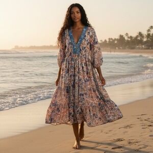 Dress NAOO Size Large Floral Paisley Metallic Tiered Boho Embroidered MIDI Dress